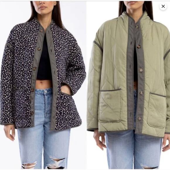 Blank NYC Jackets & Blazers - BLANKNYC Reversible Quilted Jacket XS Olive Navy Ditsy Floral Boxy Button Front